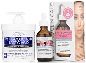 Advanced Clinicals 10% Glycolic Acid + Lactic Acid Body Lotion Moisturizer + Glycolic Acid Face Serum 2pc Skin Care Bundle | Exfoliating KP Bump Eraser Body Cream | Keratosis Pilaris | Fragrance Free