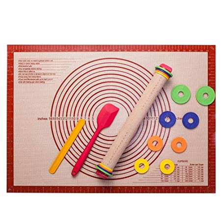 Silicone Pastry Mat Baking Mat Nonstick Nonslip Extra Large Pie Rolling Mat with Measurements 28''By 20'',Bread Kneading Board for Rolling Dough,Adjustable Rolling Pins for Baking with Thickness Rings