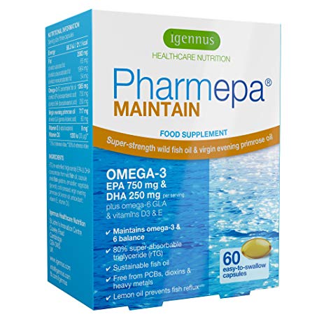 Pharmepa MAINTAIN Omega-3 EPA & DHA Wild Fish Oil with GLA & Vitamin D3,  750 mg EPA & 250 mg DHA per serving, fast-acting rTG omega-3, 60 capsules