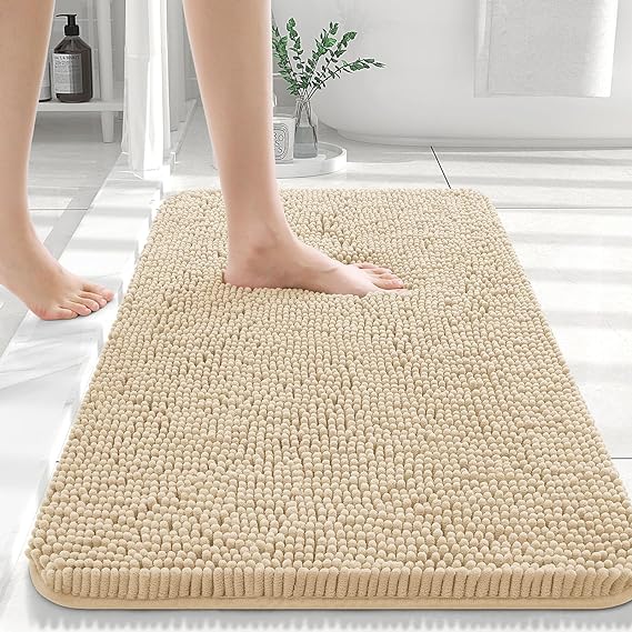 OLANLY Bathroom Rugs 30x20, Extra Soft Absorbent Chenille Bath Rugs, Non-Slip, Dry Quickly, Machine Washable, Bath Mats for Bathroom Floor, Tub and Shower, Beige