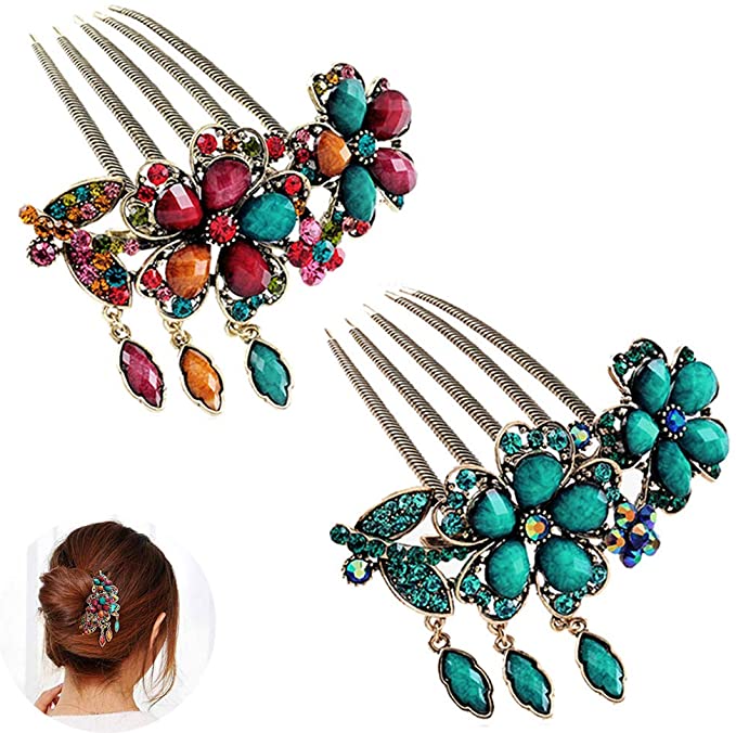 2Pcs Women Hair Combs Accessories, AUHOKY Retro Decorative Hair Comb Clips - Rhinestone Flower Hairpin for Wedding Prom (Blue Colorful)