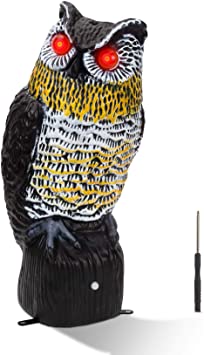 Careland Solar Fake Owl Decoy Bird Repellent for Garden 16 in. Tall Motion Activated Scarecrow Deterrent with Flashing Eyes & Frightening Owl Sound to Scare Pigeon Woodpecker Away