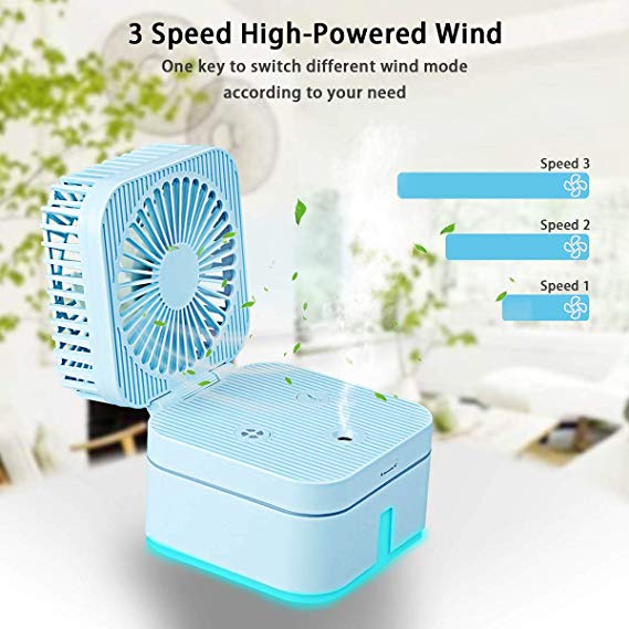 Portable USB Humidifier - Ultrasonic Cool Mist Humidifier - Handheld Mini Fan for Bedroom Desk Office Home Travel - 3 Speed Wind and 7 Colors Light Changing (Blue)
