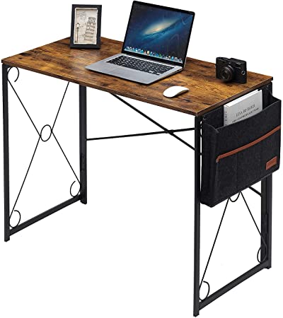 VECELO Folding Table Computer Desk Office Table Folding PC Table with Storage Bag Home Office Laptop Table Study Table Brown