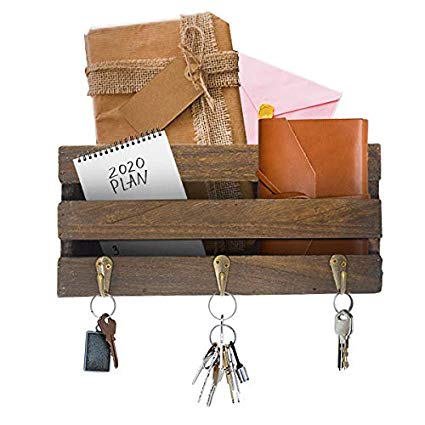Rustic Wall Mounted Mail Sorter with 3 Key Hooks ~ Coat Hanger, Purse Hanger, Towel Hook ~ Easy Mount for Entryway, Bathroom, Living Room, Kitchen Wall (Brown)