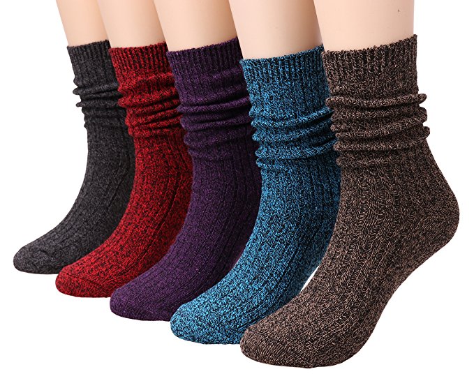 Ladies 5 Pack Fashion Warm Ribbed Knit Winter Boot Crew Socks Size 5-10 W82