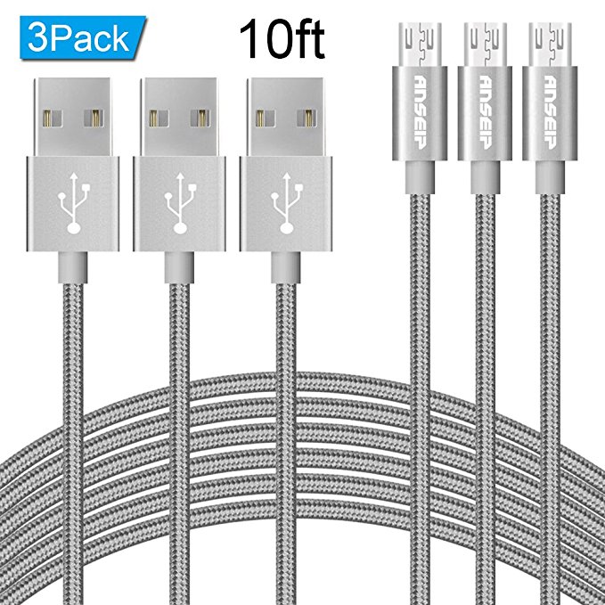 Micro USB Cable 10ft,Micro USB Cord,Micro USB Charger,ANSEIP Charger for Android Phone Braided Data Transfer Cable and Fast Charging for Samsung/Android/LG/Camera/MP3 (Grey-10ft-3Pack, 10FT)
