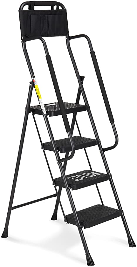 HBTower 4 Step Ladder with Handrails, 330 lbs Folding Step Stool with Attachable Tool Bag & Anti-Slip Wide Pedal for Home Kitchen Pantry Office (4-Step)