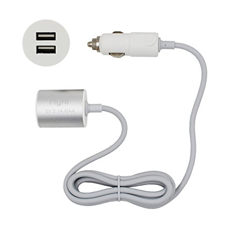 Dual Car Charger ,FlyHi Car Charger 3.1A Dual USB Port with Special 1.5M Cable for Backseat People, for iPhone 6/6S Plus/5/5S/SE, Samsung Galaxy S7 Edge, Nexus and More (Silvery)