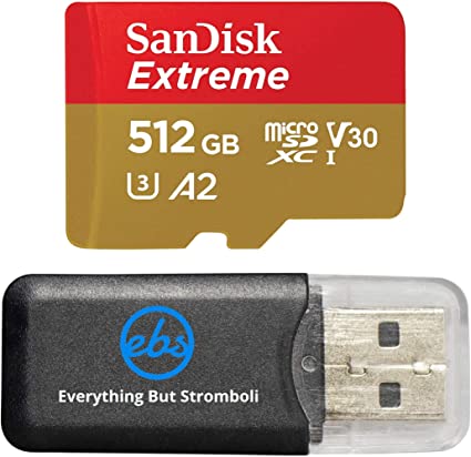 SanDisk Extreme V30 A2 512GB MicroSD Memory Card for DJI Mini 2 Mavic Drone Class 10 4K SDXC Bundle with 1 Everything But Stromboli Micro Card Reader