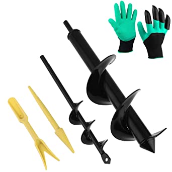 2PCS Bulb Auger Drill Bit Garden Cultivator (12"x3", 9"x1.6") Hand Drill Digger Auger Planting Tool with Garden Gloves for Rapid Planter Seedlings Flower Bulbs 30 x 8 cm,22 x 4 cm (2Pcs)