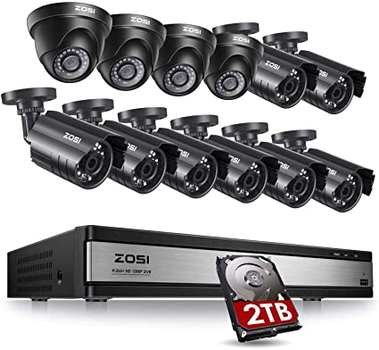 ZOSI 16CH 1080P Security Camera System with Hard Drive 2TB,H.265  16Channel 1080P HD-TVI DVR with 12PCS 1080P Outdoor Indoor Surveillance Cameras, 80ft Night Vision, Motion Detection,Remote Access