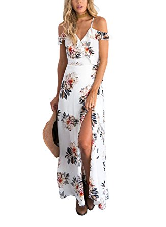FFLMYUHULIU Women's Sexy Split Floral Off-shoulder Beach Party Maxi Dress