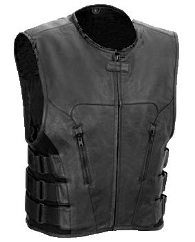 The Nekid Cow Mens Premium Black Leather Motorcycle Swat Team Vest with Interior Armor - Tactical Outlaw Black Biker Vests for Men - Law Enforcement Style Protective Armor with Side Adjustment (2XL)