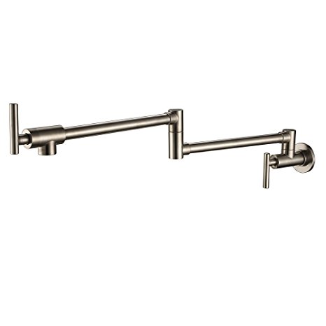 PHASAT 61211N Wall Mounted Brass Pot Filler, Double Joint Spout, Brushed Nickel