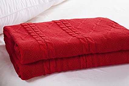 iSunShine® Cotton Knitted Diamond & Cable Throw Soft Warm Blanket Diamond Knitting Pattern, 43*70 Inches, Red
