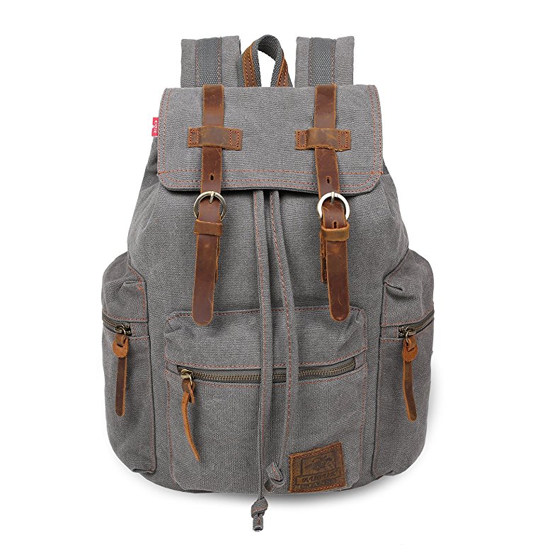 Canvas Rucksack Casual Daypack GoHiking Vintage Leather Backpack SchoolBag Hiking Bag(Grey)