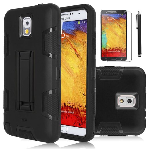 Note 3 Case, Galaxy Note 3 Kickstand Case ,EC™ Shock-Absorption / High Impact Resistant Hybrid Dual Layer Armor Defender Protective Case Cover for Samsung Galaxy Note 3 N9000 (AT&T, Verizon, Sprint, T-Mobile, International Unlocked) with Stylus and Screen Protector (Black/Black)