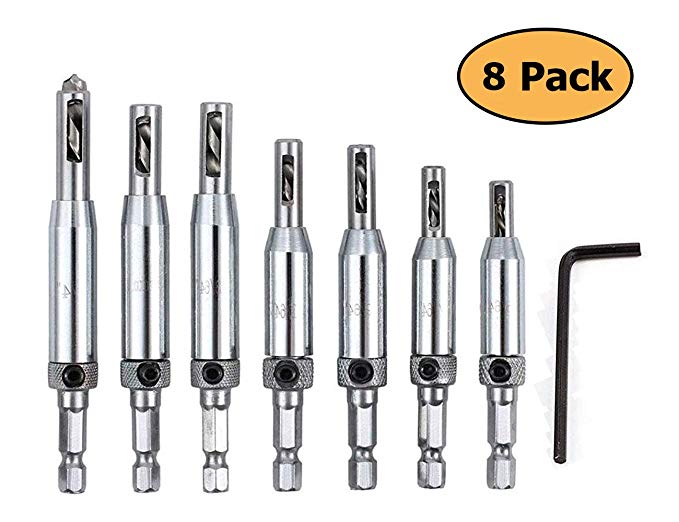 Self Centering Hinge Drill Bits Set for Door Cabinet Pilot Holes Drill Bit Set HSS Hole Puncher Woodworking Tools，5/64'', 7/64'',9/64'', 11/64'', 5mm, 13/64'',1/4'