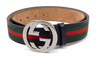 100% Authentic GG Silver Buckle Gucci Black leather belt Green/Red/Green