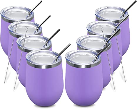 8 Pack 12oz Insulated Wine Tumbler with Lid, Purple Stainless Steel Wine Tumbler Cup, Double Wall Stemless Wine Glass for Coffee,Champagne,Cocktail