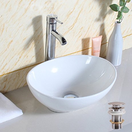 Basong Above Counter Bathroom Sink Oval Porcelain Ceramic Vessel Vanity Sink Art Basin White 15.7x13x6 In.with Pop-Up Drain
