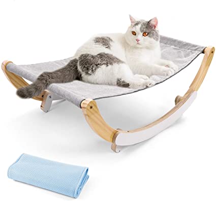 Odoland Cat Hammock Bed with Pet Bed Spare Blanket, Kitten or Small Puppy Dog Rocking Hammock Bed for Indoor and Outdoor, Wooden Frame Hanging Pet Bed for Winter and Summer