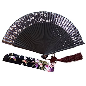 Wise Bird Chinese Japanese Folding Hand Fan for women, Summer Cooling Accessories Vintage Retro Style 8" Bamboo Wood Silk Pocket Purse Fan for Wedding Dancing Home Wall Decor with Pouches/tassel-f188
