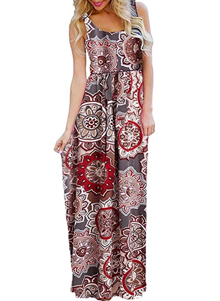 Bluetime Women's Summer Sleeveless Floral Boho Maxi Long Dresses Beach Sundress