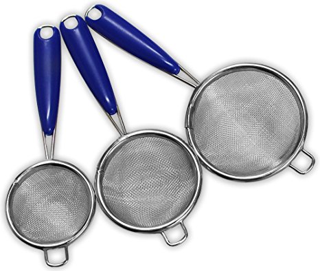 3 Piece Set Of Mini Strainers With Fine Mesh And Plastic Handles