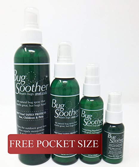 BUG SOOTHER Spray Family Pack includes FREE bonus 1 oz. travel size. - Natural Mosquito, Gnat and Insect Deterrent & Repellent with Essential Oils - Safe for Adults, Kids, Babies, Pets, Environment