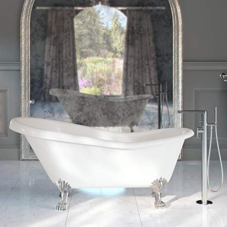 MAYKKE Gibson 67" Traditional Oval Acrylic Clawfoot Tub | Elegant, White Slipper Bathtub with Chrome Finish Feet for Bathroom, Shower | cUPC certified, Drain & Overflow Assembly Included | XDA1413002