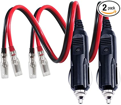 [2 PACK] 12v 12Volt Replacement Cigarette Lighter Male Plug with Leads - Car Adapter Dc Battery Charger Kit Connectors Cigar Plugs Power Supply Accessories Heavy Duty Cord Auto Cable Led Light 15Amp