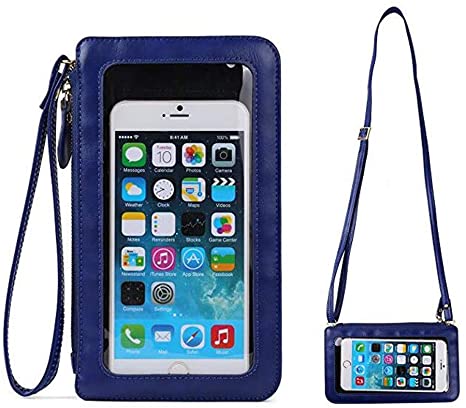 Cell Phone Crossbody Bag with Touch Screen Clear Window Pocket Travel Shoulder Purse Wristlet Clutch Wallet Case Holder Pouch for iPhone 11 Pro Max Moto G Power Stylus OnePlus 7T 6T 7 Pro (Blue)