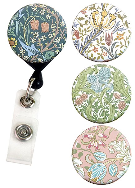 Buttonsmith William Morris Retractable Tinker Reel Badge Reel with Rotating Alligator Clip and Swappable Tinker Tops - Made in the USA, 1 Year Warranty