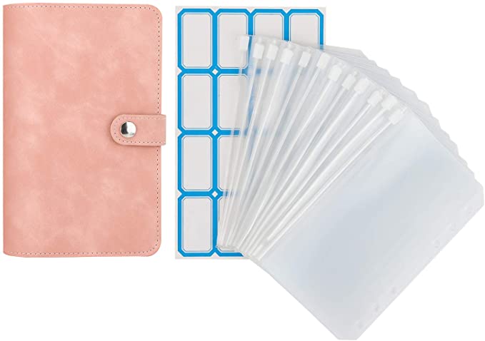 MoKo 6-Ring Binder Notebook, A6 PU Leather Loose-Leaf Notebook Folder with 12-Pack Clear Plastic Binder Envelopes, Clear Budget Envelope System Planner with Label Stickers - Pink