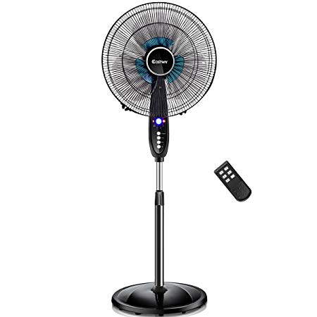 COSTWAY Pedestal Fan, 16-Inch Adjustable Height Fan, 3-Speed Digital Control, Oscillating Pedestal Fan w/Timer, LCD Display, Double Blades, Remote Control (16-Inch)