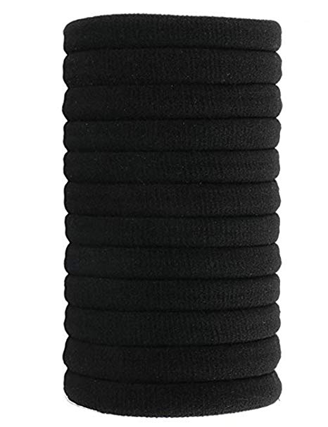 Fani Soft Cotton Stretch Hair Ties Bands 12 Pack Black Elastic Cotton Hair Ties, Seamless Thick Hair No-Damage Band Ponytail Holders Perfectly for Girls & Ladies