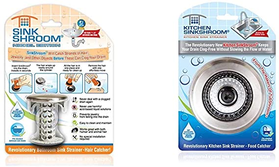 SinkShroom Revolutionary Bathroom Sink Drain Protector Hair Catcher, Strainer, Snare, Nickel Edition & kShroom Revolutionary Clog-Free Stainless Steel Sink Strainer, Black