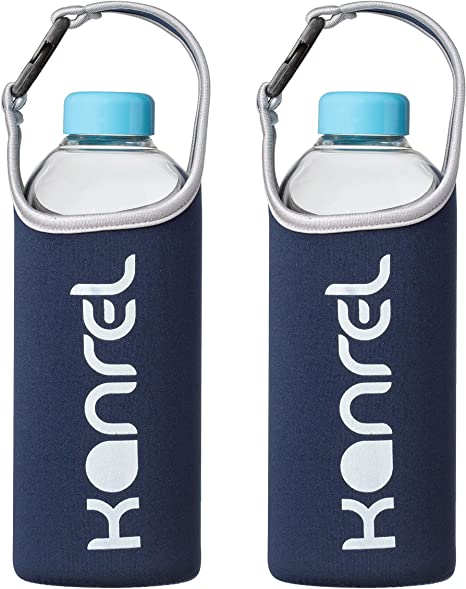 Glass Drinking Water Bottle 32 oz Blue | 1 and 2 Pack Sets | Clear with Free Sleeve & Caps | Borosilicate Refillable and Reusable Drinking Bottles (Blue - 2 Pack with Sleeve, 32 Ounce / 32 oz)
