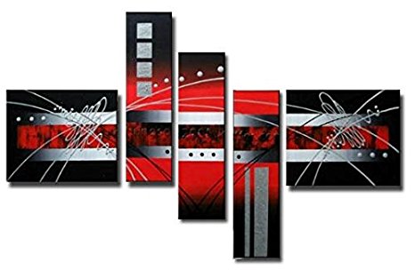 Wieco Art - Red Clouds Silver Lines Modern 5 Panels Stretched and Framed 100% Hand Painted Abstract Landscape Artwork Oil Paintings on Canvas Wall Art for Living Room Bedroom Home Decorations