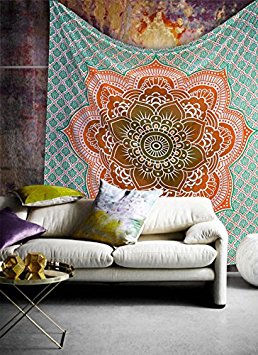 Popular Handicrafts Ombre Hippie Mandala Bohemian Psychedelic Intricate Floral Design Indian Bedspread Magical Thinking Tapestry 84x90 Inches,(215x230cms) Orrange