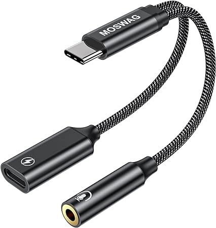 MOSWAG USB C to 3.5mm Headphone and Charger Adapter,2 in 1 USB C to AUX Mic Jack with USB C PD 60W Fast Charging,Compatible with Galaxy S22 Note 20 S21 Ultra S22 S21 S20 FE, Pixel 6/5/4/3 XL