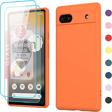 LeYi case for Google Pixel 6A Case, Pixel 6A 5G Case with [2 Pack] Tempered Glass Screen Protector LeYi Liquid Silicone Soft Microfiber Liner Cover Pixel 6A Phone, Orange