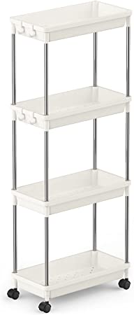 Lifewit Slim Storage Trolley for Narrow Space Bathroom Laundry Room Kitchen, 4 Tier Slide-Out Rolling Trolley Organiser Rack Shelf Cart with Wheels for Space-Saving Organization, Easy Assembly, White