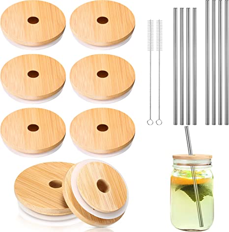 8 Pack Mason Bamboo Jar Lids with Straw Hole Compatible (Silicone O-ring Gasket Included) with 4 Stainless Steel Boba Straw, 4 Stainless Steel Thin Straw and 2 Straw Brushes (2.75 Inch)