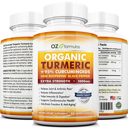 OZ Formulas Organic Turmeric, +95% Curcuminoids & BioPerine Black Pepper, Extra Strength 1000mg Serving, 120 Caps, All Natural, Multi-Purpose, Pain & Arthritic Relief, Joint Support, Anti-Inflammatory