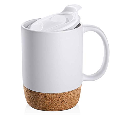 DOWAN 15 oz Coffee Mug Sets, Set of 2 Large Ceramic Mugs, with Insulated Cork and Splash Proof Mug Lid, Matte White