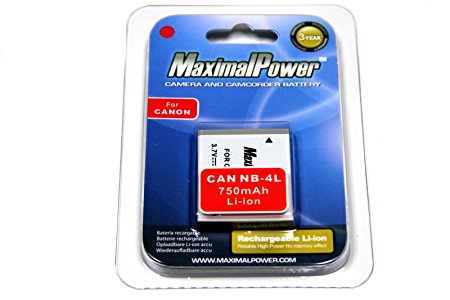 MaximalPower 750 mAh Replacement Battery for Canon NB4L - Grey