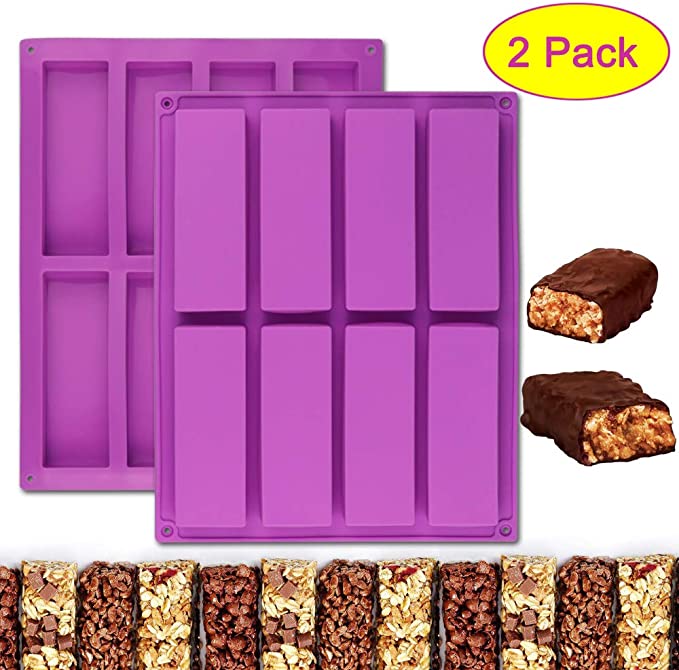 Palksky (2 Pcs) 8 Cavity Large Rectangle Granola Bar Silicone Mold/Nutrition/Cereal Bar Molds Energy Bar Maker for Chocolate Truffles, Ganache, Bread Loaf, Muffin Brownie Cornbread Cheesecake Pudding